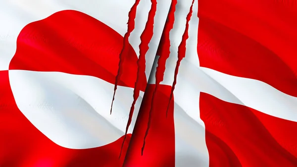 グリーンランドとデンマークは傷の概念で旗を翻す 旗を振って3Dレンダリング グリーンランドとデンマークの紛争の概念 グリーンランドデンマーク関係の概念 グリーンランドとデンマークの危機戦争攻撃の旗 — ストック写真