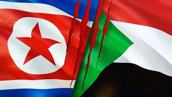 North Korea and Sudan flags with scar concept. Waving flag,3D rendering. North Korea and Sudan conflict concept. North Korea Sudan relations concept. flag of North Korea and Sudan crisis,war, attac