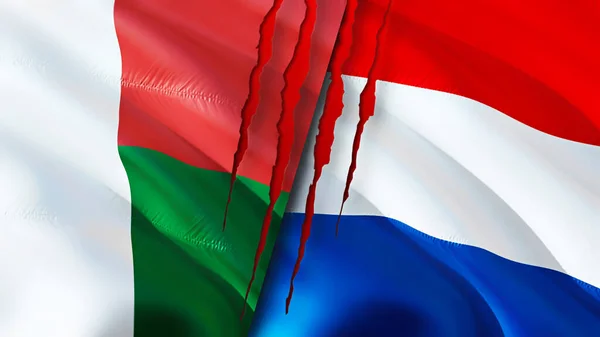 Madagaskar Och Nederländerna Flaggor Med Ärr Koncept Viftar Med Flaggan — Stockfoto