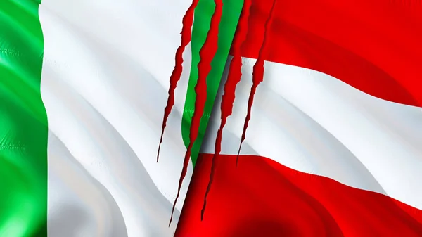 Nigeria and Austria flags with scar concept. Waving flag,3D rendering. Nigeria and Austria conflict concept. Nigeria Austria relations concept. flag of Nigeria and Austria crisis,war, attack concep