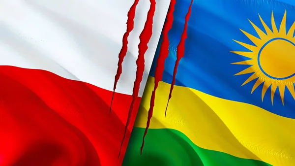 Poland and Rwanda flags with scar concept. Waving flag,3D rendering. Poland and Rwanda conflict concept. Poland Rwanda relations concept. flag of Poland and Rwanda crisis,war, attack concep