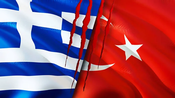 Greece and Turkey flags with scar concept. Waving flag,3D rendering. Greece and Turkey conflict concept. Greece Turkey relations concept. flag of Greece and Turkey crisis,war, attack concep