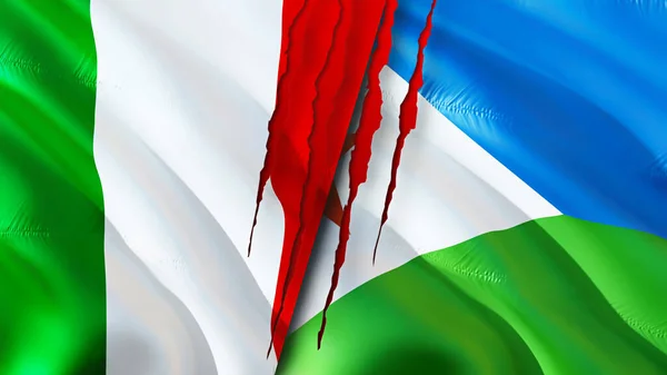 Italy and Djibouti flags with scar concept. Waving flag,3D rendering. Italy and Djibouti conflict concept. Italy Djibouti relations concept. flag of Italy and Djibouti crisis,war, attack concep