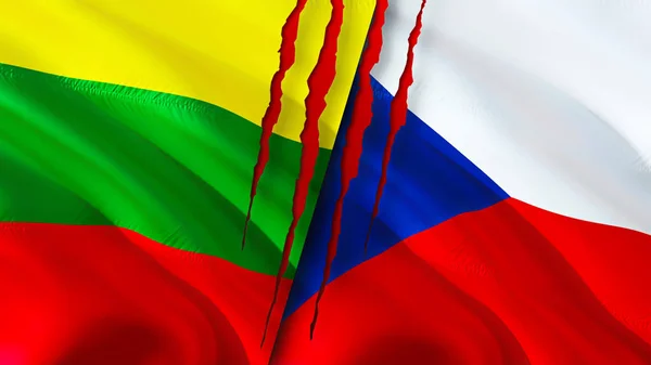 Lituania Las Banderas Checas Con Concepto Cicatriz Bandera Ondeante Representación — Foto de Stock