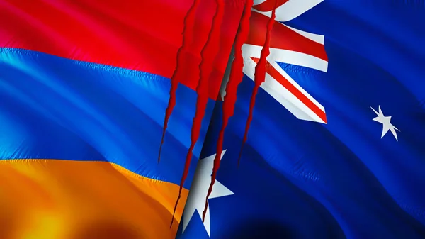 Armenia and Australia flags with scar concept. Waving flag,3D rendering. Armenia and Australia conflict concept. Armenia Australia relations concept. flag of Armenia and Australia crisis,war, attac