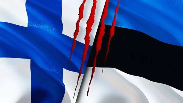 Finland and Estonia flags with scar concept. Waving flag,3D rendering. Finland and Estonia conflict concept. Finland Estonia relations concept. flag of Finland and Estonia crisis,war, attack concep