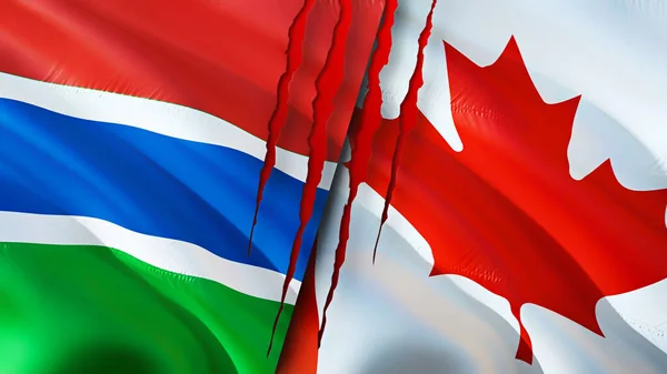 Bandeiras Gâmbia Canadá Com Conceito Cicatriz Bandeira Ondulada Renderização Conceito — Fotografia de Stock