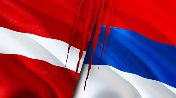 ラトビアとセルビアは傷跡の概念でフラグを立てます 旗を振って3Dレンダリング ラトビアとセルビアの紛争の概念 ラトビアセルビア関係の概念 ラトビアとセルビアの危機戦争攻撃コンプ — ストック写真
