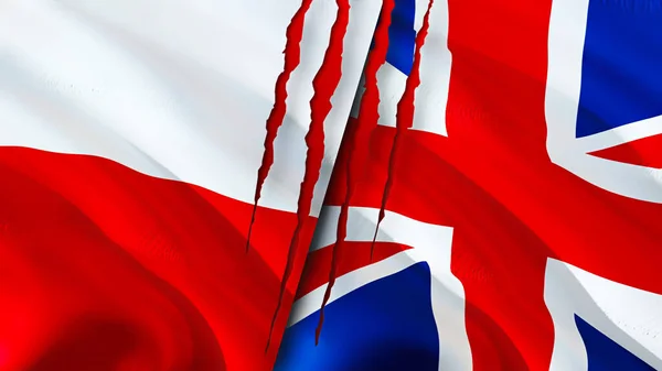Poland and United Kingdom flags with scar concept. Waving flag,3D rendering. Poland and United Kingdom conflict concept. Poland United Kingdom relations concept. flag of Poland and United Kingdo
