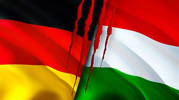 Germany and Hungary flags with scar concept. Waving flag,3D rendering. Germany and Hungary conflict concept. Germany Hungary relations concept. flag of Germany and Hungary crisis,war, attack concep