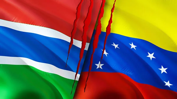 Gambia and Venezuela flags with scar concept. Waving flag,3D rendering. Gambia and Venezuela conflict concept. Gambia Venezuela relations concept. flag of Gambia and Venezuela crisis,war, attac