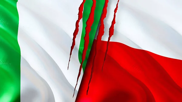 Nigeria and Poland flags with scar concept. Waving flag,3D rendering. Nigeria and Poland conflict concept. Nigeria Poland relations concept. flag of Nigeria and Poland crisis,war, attack concep