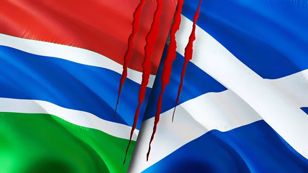 Gambia and Scotland flags with scar concept. Waving flag,3D rendering. Gambia and Scotland conflict concept. Gambia Scotland relations concept. flag of Gambia and Scotland crisis,war, attack concep