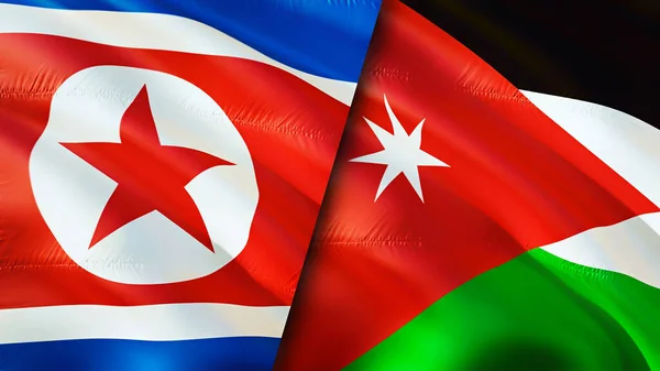 North Korea and USA Jordan. 3D Waving flag design. North Korea USA flag, picture, wallpaper. North Korea vs USA image,3D rendering. North Korea USA relations alliance and Trade,travel,tourism concep