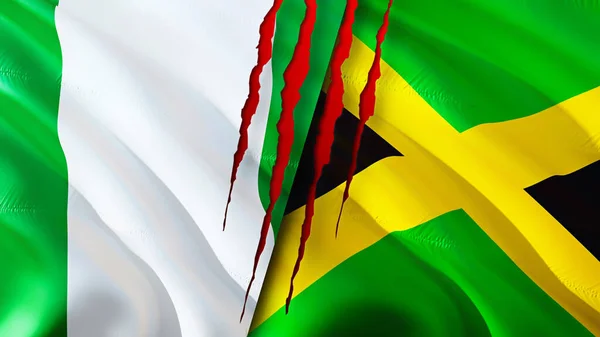 尼日利亚和牙买加的国旗带有伤疤概念 飘扬的旗帜 3D渲染 尼日利亚和牙买加冲突概念 尼日利亚牙买加关系概念 尼日利亚和牙买加国旗危机 — 图库照片
