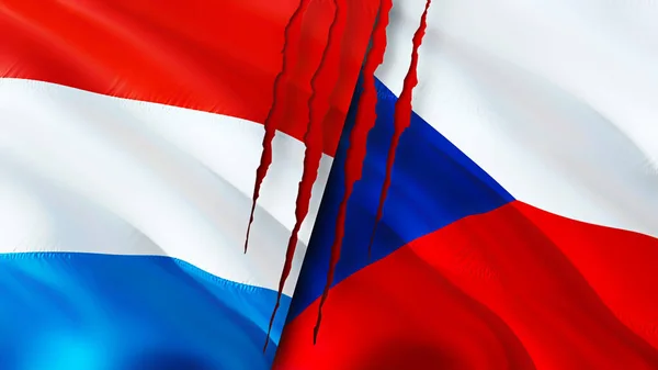 ルクセンブルクとチェコの国旗には傷の概念がある 旗を振って3Dレンダリング ルクセンブルクとチェコの紛争の概念 ルクセンブルクチェコ関係の概念 ルクセンブルクとチェコの危機戦争攻撃の旗 — ストック写真