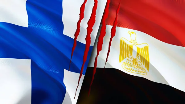 Finland and Egypt flags with scar concept. Waving flag,3D rendering. Finland and Egypt conflict concept. Finland Egypt relations concept. flag of Finland and Egypt crisis,war, attack concep