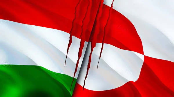 Magyarország Grönland Zászlók Hegkoncepcióval Lengő Zászló Renderelés Magyarország Grönland Konfliktuskoncepciója — Stock Fotó