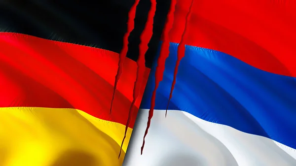 Bandeiras Alemanha Sérvia Com Conceito Cicatriz Bandeira Ondulada Renderização Conceito — Fotografia de Stock