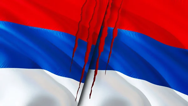 セルビアとセルビアは傷の概念でフラグを立てます 旗を振って3Dレンダリング セルビアとセルビアの紛争の概念 セルビアとの関係の概念 セルビアとセルビアの危機戦争攻撃コンプ — ストック写真