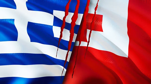 Greece and Tonga flags with scar concept. Waving flag,3D rendering. Greece and Tonga conflict concept. Greece Tonga relations concept. flag of Greece and Tonga crisis,war, attack concep