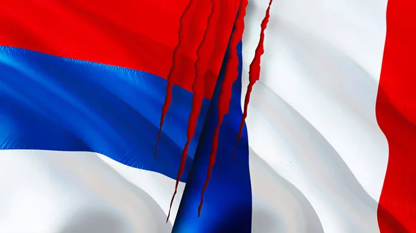 Servië Frankrijk Vlaggen Met Litteken Concept Wuivende Vlag Weergave Conflictconcept — Stockfoto
