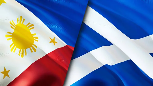 Philippines and Scotland flags. 3D Waving flag design. Philippines Scotland flag, picture, wallpaper. Philippines vs Scotland image,3D rendering. Philippines Scotland relations alliance an