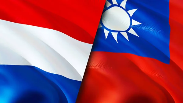 Netherlands and Taiwan flags. 3D Waving flag design. Netherlands Taiwan flag, picture, wallpaper. Netherlands vs Taiwan image,3D rendering. Netherlands Taiwan relations alliance an