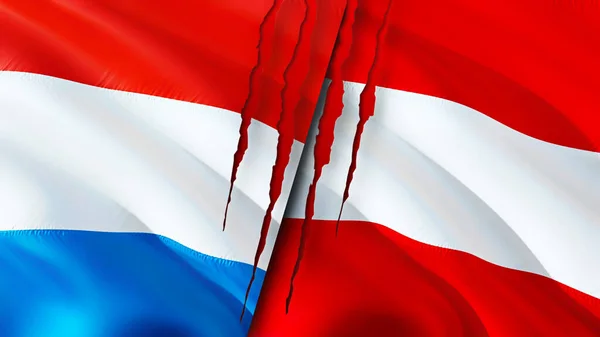 Luxembourg and Austria flags with scar concept. Waving flag,3D rendering. Luxembourg and Austria conflict concept. Luxembourg Austria relations concept. flag of Luxembourg and Austria crisis,war
