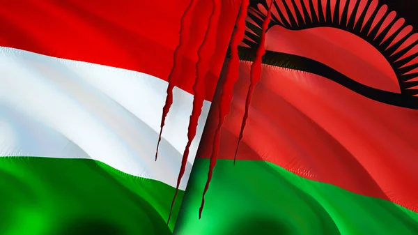 Magyarország Malawi Zászlók Hegkoncepcióval Lengő Zászló Renderelés Magyarország Malawi Konfliktus — Stock Fotó