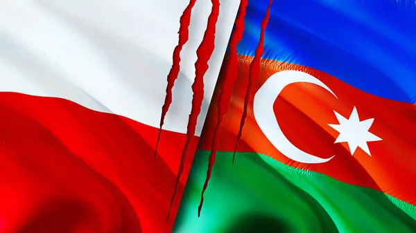 Poland and Azerbaijan flags with scar concept. Waving flag,3D rendering. Poland and Azerbaijan conflict concept. Poland Azerbaijan relations concept. flag of Poland and Azerbaijan crisis,war, attac