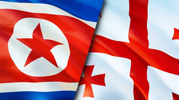 North Korea and Georgia flags. 3D Waving flag design. North Korea Georgia flag, picture, wallpaper. North Korea vs Georgia image,3D rendering. North Korea Georgia relations alliance an