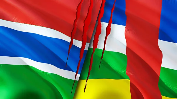 Bandeiras Gâmbia República Centro Africana Com Conceito Cicatriz Bandeira Ondulada — Fotografia de Stock