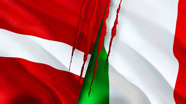 Latvia and Italy flags with scar concept. Waving flag,3D rendering. Latvia and Italy conflict concept. Latvia Italy relations concept. flag of Latvia and Italy crisis,war, attack concep