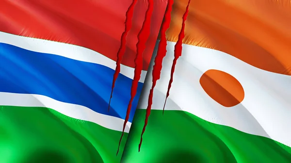 Gambie Nigerské Vlajky Pojetím Jizvy Vlnění Vlajky Vykreslování Koncept Konfliktu — Stock fotografie