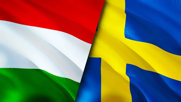 Hungary and Sweden flags. 3D Waving flag design. Hungary Sweden flag, picture, wallpaper. Hungary vs Sweden image,3D rendering. Hungary Sweden relations alliance and Trade,travel,tourism concep