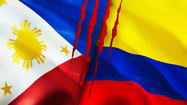 Filipina Dan Kolombia Bendera Dengan Konsep Bekas Luka Mengayunkan Bendera — Stok Foto