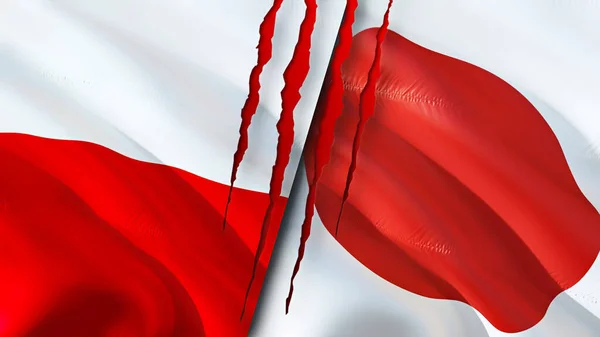 Poland and Japan flags with scar concept. Waving flag,3D rendering. Poland and Japan conflict concept. Poland Japan relations concept. flag of Poland and Japan crisis,war, attack concep