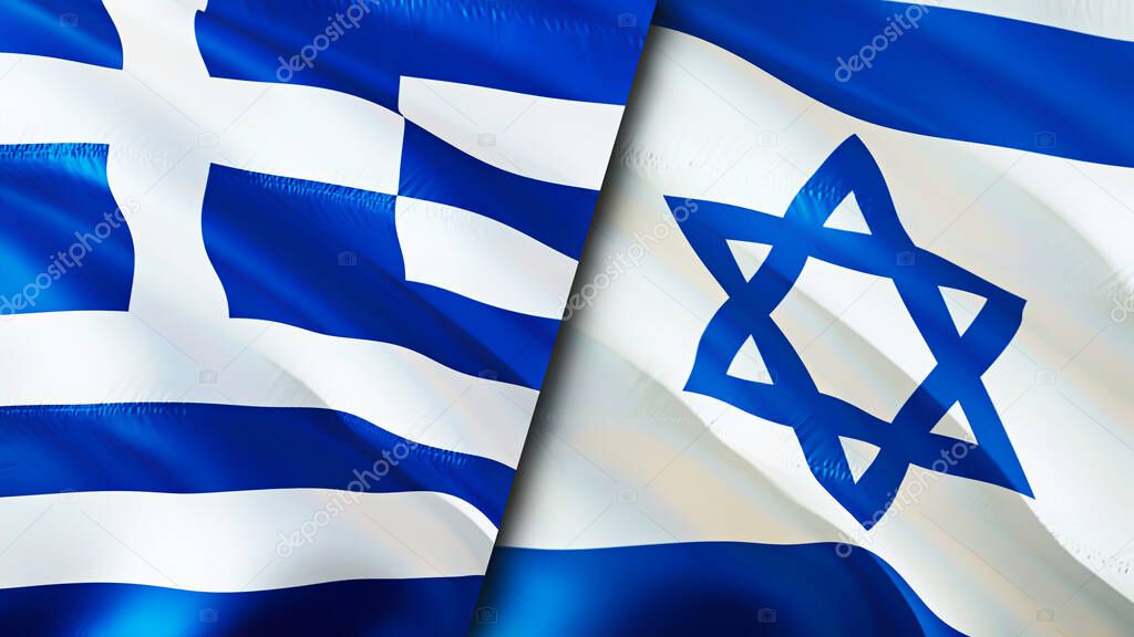 Greece and Israel flags. 3D Waving flag design. Greece Israel flag, picture, wallpaper. Greece vs Israel image,3D rendering. Greece Israel relations alliance and Trade,travel,tourism concep