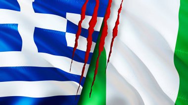 Yunanistan ve Nijerya yara izi kavramına sahip bayraklar. Dalgalanan bayrak, 3 boyutlu görüntüleme. Yunanistan ve Nijerya çatışma konsepti. Yunanistan Nijerya ilişkileri kavramı. Yunanistan ve Nijerya bayrağı krizi, savaş, saldırı konsepti