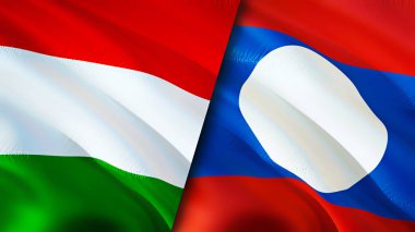 Macaristan ve Laos bayrakları. 3 boyutlu dalgalanan bayrak tasarımı. Macaristan Laos bayrağı, resim, duvar kağıdı. Macaristan Laos 'a karşı, görüntü 3 boyutlu. Macaristan Laos ilişkileri ittifak ve ticaret, seyahat, turizm konsepti