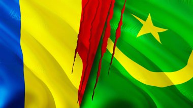 Romanya ve Moritanya yara izi kavramına sahip bayraklar. Dalgalanan bayrak, 3 boyutlu görüntüleme. Romanya ve Moritanya ihtilafı kavramı. Romanya Moritanya ilişkileri kavramı. Romanya bayrağı ve Moritanya krizi, savaş