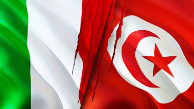 İtalya ve Tunus bayraklarında yara izi var. Dalgalanan bayrak, 3 boyutlu görüntüleme. İtalya ve Tunus çatışma konsepti. İtalya Tunus ilişkileri kavramı. İtalya ve Tunus bayrağı krizi, savaş, saldırı konsepti
