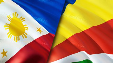 Filipinler ve Seyşeller bayrakları. 3 boyutlu dalgalanan bayrak tasarımı. Filipinler Seyşeller bayrağı, resim, duvar kağıdı. Filipinler Seyşeller 'e karşı, görüntü 3D. Filipinler Seyşeller ilişkileri ittifakı