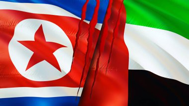 Kuzey Kore ve Birleşik Arap Emirlikleri yara izi olan bayraklar. Dalgalanan bayrak, 3 boyutlu görüntüleme. Kuzey Kore ve Birleşik Arap Emirlikleri çatışma konsepti. Kuzey Kore Birleşik Arap Emirlikleri ilişkileri kavramı