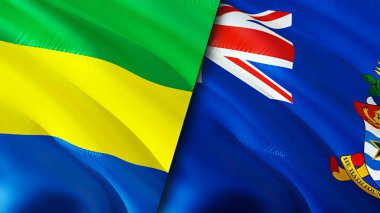 Gabon ve Cayman Adaları bayrakları. 3 boyutlu dalgalanan bayrak tasarımı. Gabon Cayman Adaları bayrağı, resim, duvar kağıdı. Gabon, Cayman Adaları 'na karşı. Görüntü 3 boyutlu. Gabon Cayman Adaları İlişkiler Birliği