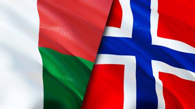 Madagaskar ve Norveç bayrakları. 3 boyutlu dalgalanan bayrak tasarımı. Madagaskar Norveç bayrağı, resim, duvar kağıdı. Madagaskar Norveç 'e karşı, görüntü 3 boyutlu. Madagaskar Norveç ilişkileri ittifak ve ticaret, seyahat, turnuva