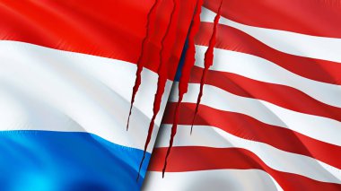 Yara izi olan Lüksemburg ve Liberya bayrakları. Dalgalanan bayrak, 3 boyutlu görüntüleme. Lüksemburg ve Liberya çatışma konsepti. Lüksemburg Liberya ilişkileri kavramı. Lüksemburg bayrağı ve Liberya krizi, savaş