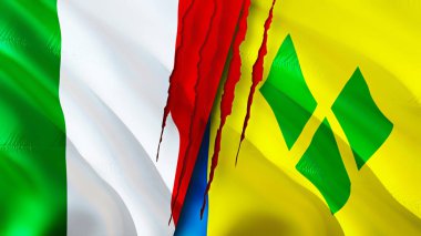 İtalya, Saint Vincent ve yara izi olan Grenadine bayrakları. Dalgalanan bayrak, 3 boyutlu görüntüleme. İtalya ve Saint Vincent ve Grenadines çatışma konsepti. İtalya Saint Vincent ve Grenadine