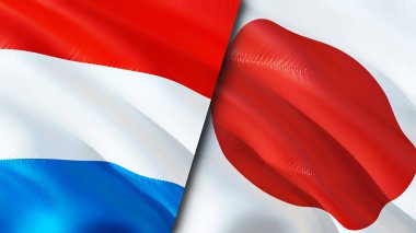Lüksemburg ve Japonya bayrakları. 3 boyutlu dalgalanan bayrak tasarımı. Lüksemburg Japonya bayrağı, resim, duvar kağıdı. Lüksemburg, Japonya 'nın imajına karşı, 3 boyutlu canlandırma. Lüksemburg Japonya ilişkileri ittifak ve ticaret, seyahat, turnuva